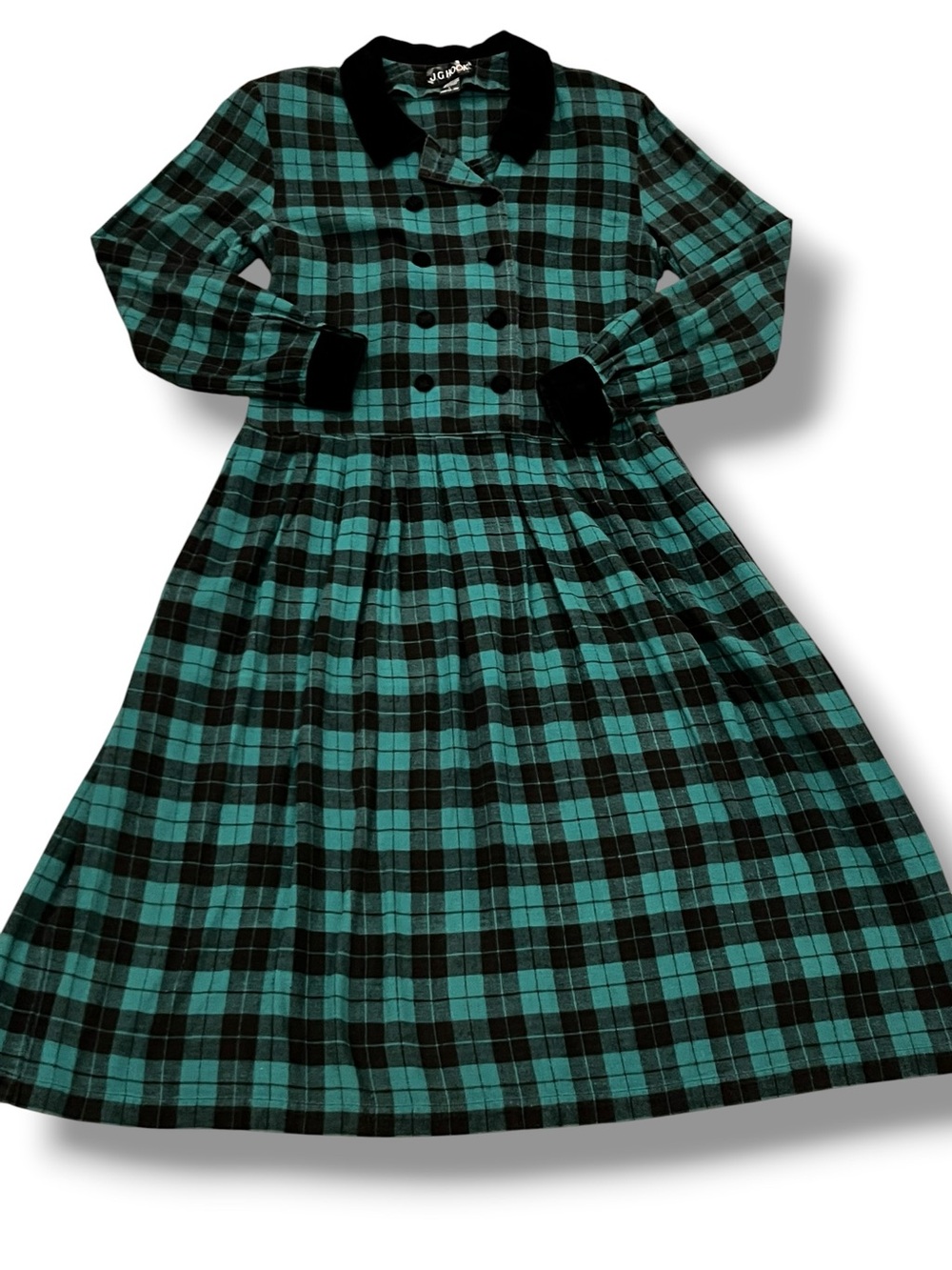 Vtg JG Hook Womens L Dress Plaid Flannel Prairie Green W Black Corduroy Trim F-1
